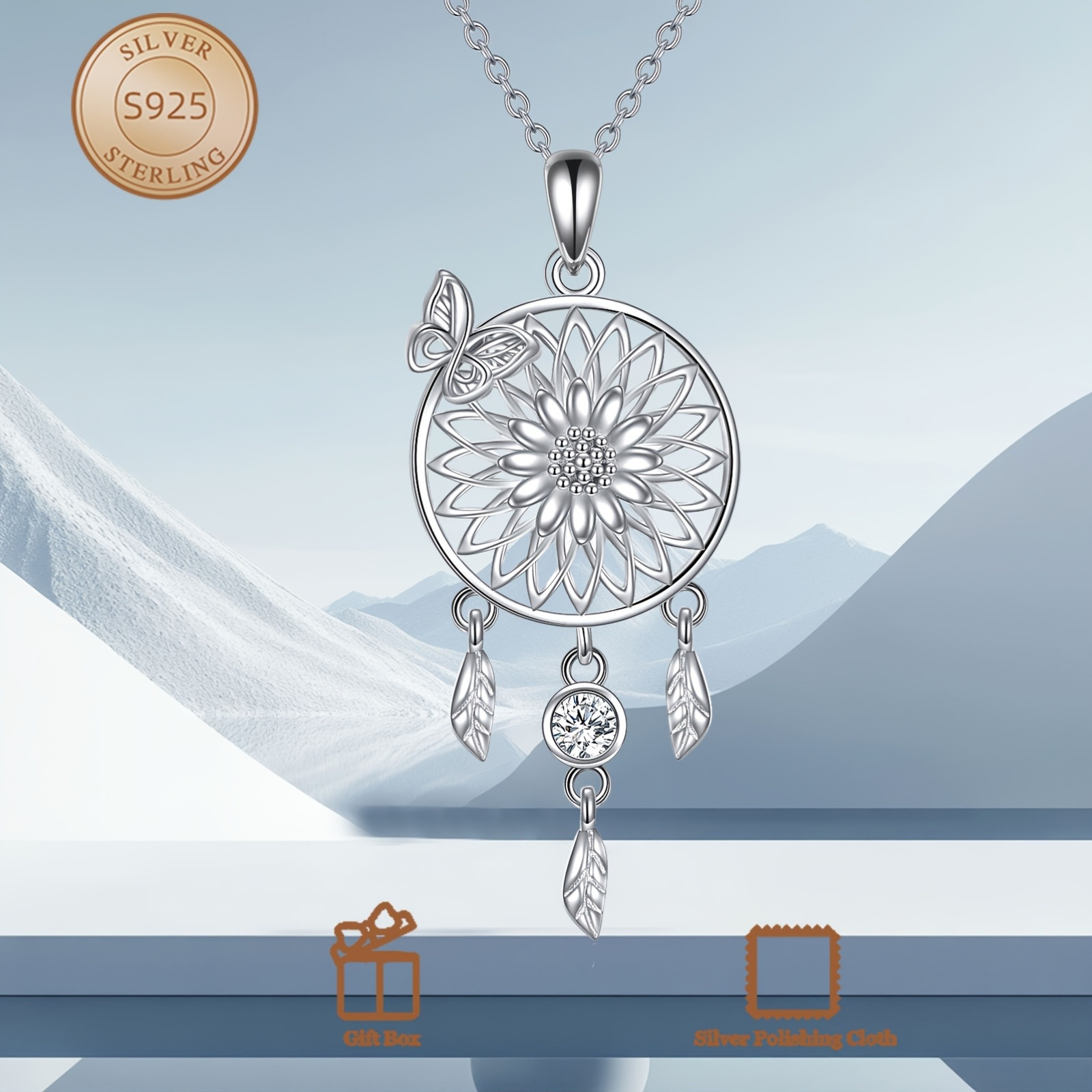 Dream Catcher Necklace, 925 Sterling Silver Sunflower Design